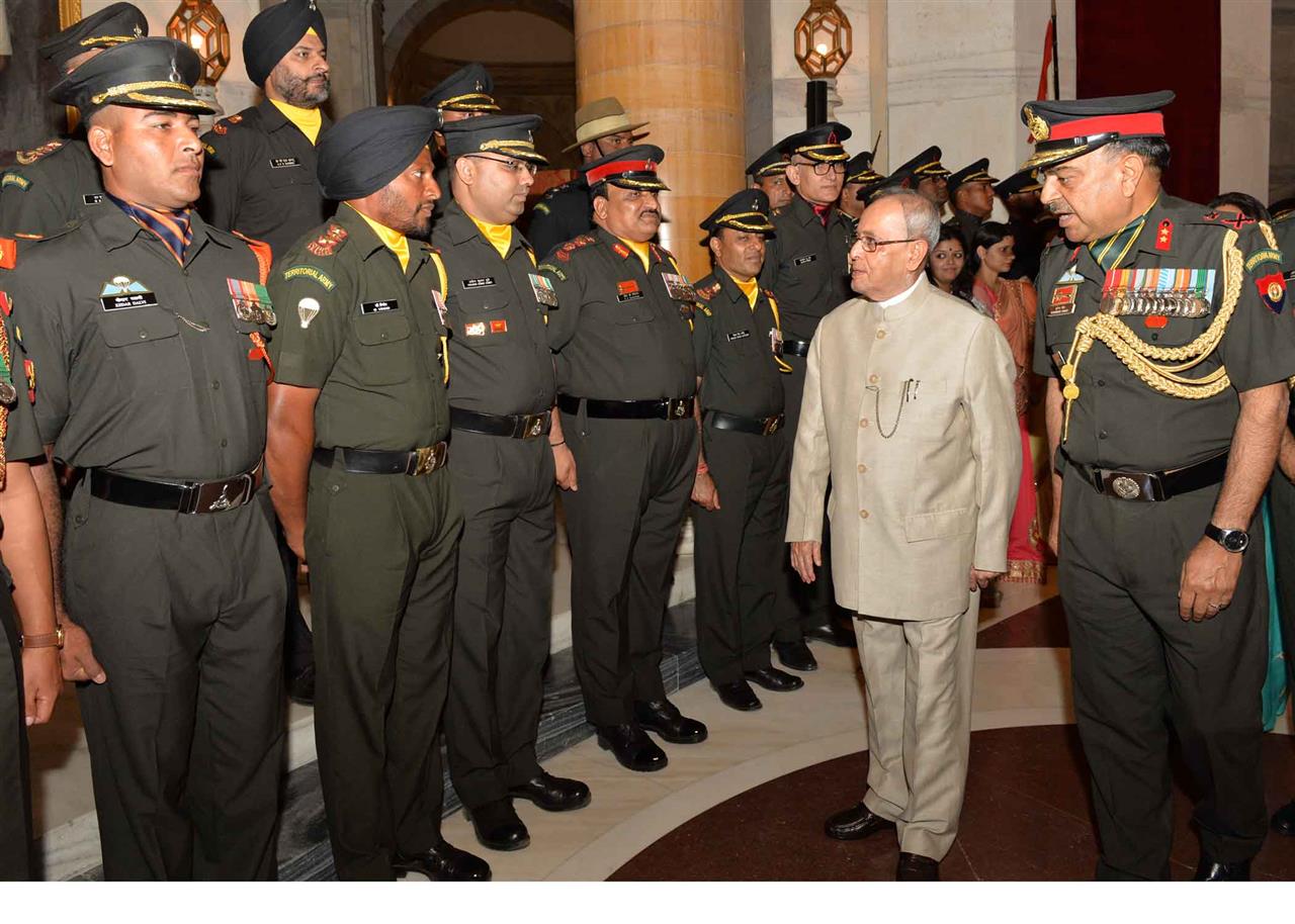 The President of India, Shri Pranab Mukherjee meeting the Officers, JCOs and other ranks of Territorial Army along with their spouses on the occasion of Raising Day of Territorial Army at Rashtrapati Bhavan on October 6, 2015.