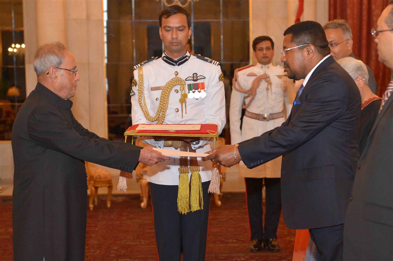 The Ambassador of Republic of Equatorial Guinea, His Excellency Mr. Manuel Mbela Bama Ndong presenting his credential to the President of India, Shri Pranab Mukherjee at Rashtrapati Bhavan on July 2, 2016. 