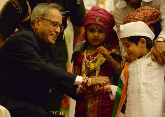 The President of India, Shri Pranab Mukherjee met a group of more than 200 children from 53 different organizations and schools at Rashtrapati Bhavan on 20th August, 2013 on the occasion of Raksha Bandhan.