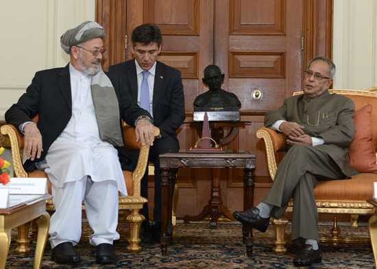 The Vice President of Afghanistan, H.E. Mr. Mohammad Karim Khalili meeting with the President of India, Shri Pranab Mukherjee at Rashtrapati Bhavan in New Delhi on August 21, 2013.