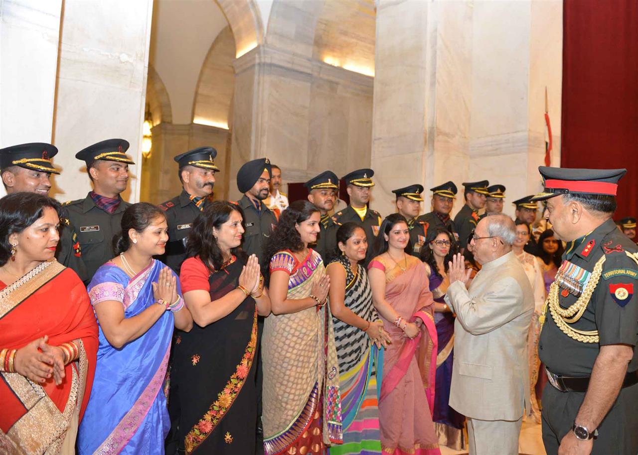 The President of India, Shri Pranab Mukherjee meeting the Officers, JCOs and other ranks of Territorial Army along with their spouses on the occasion of Raising Day of Territorial Army at Rashtrapati Bhavan on October 6, 2015.