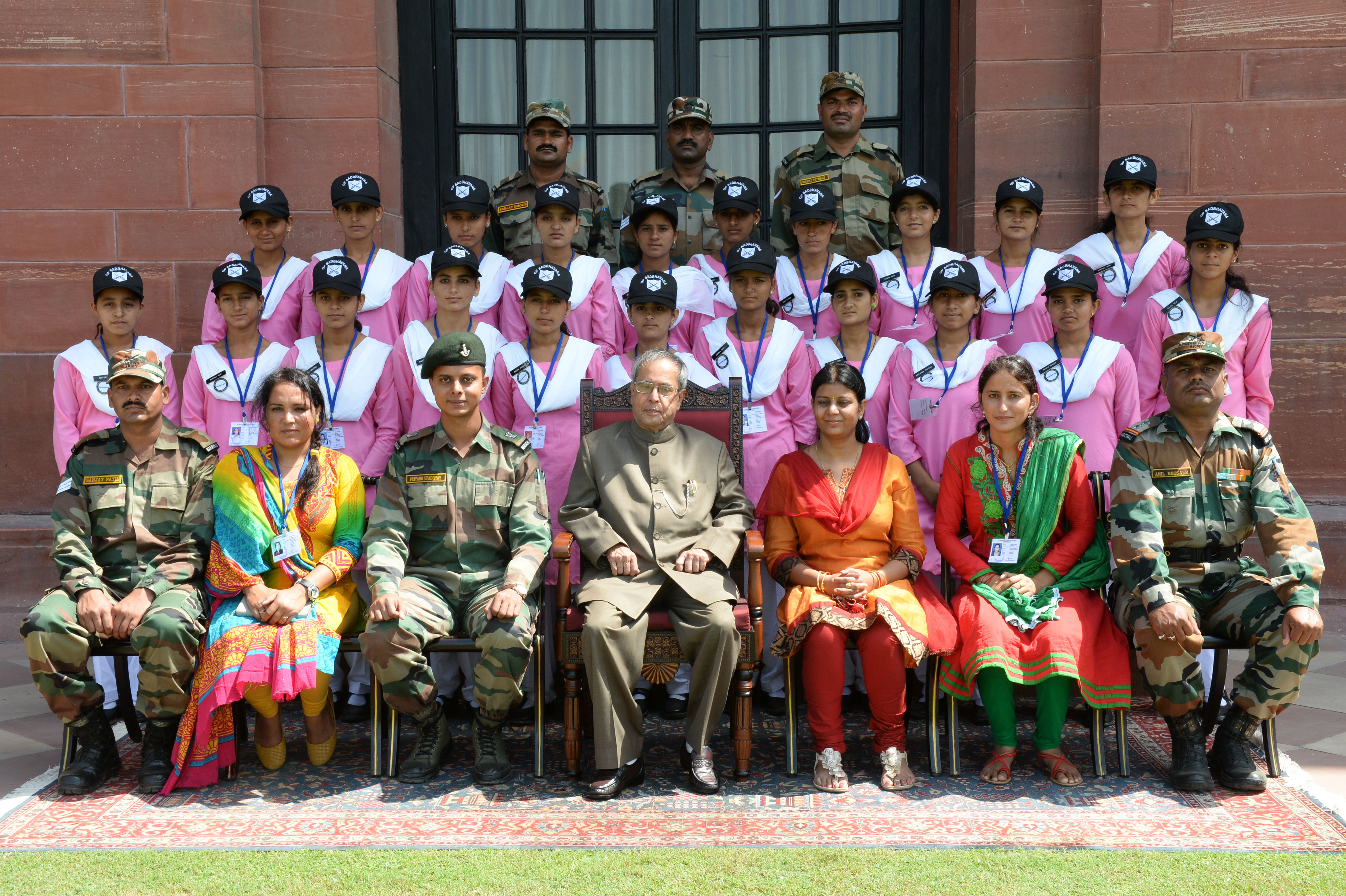 The President of India, Shri Pranab Mukherjee with Girl Students and Teachers from Akhnoor Tehsil of Jammu, J&K attending OP Sadbhavana Tour organised by the 2 MARATHA LI (KALI PANCHWIN) at Rashtrapati Bhavan on September 27, 2014. 