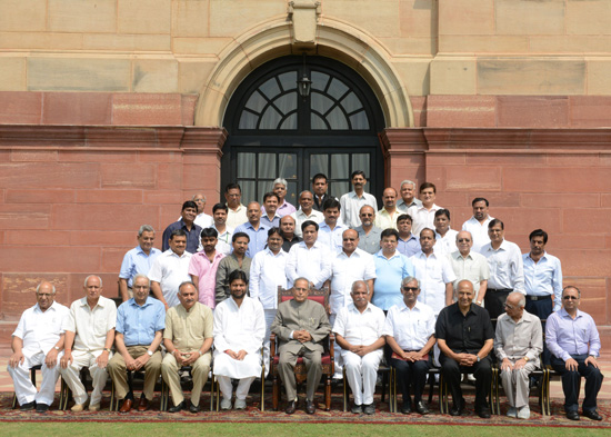 The President of India, Shri Pranab Mukherjee with the Union Minister of State for Rural Development, Shri Pradeep Jain 'Aditya' along with others delegation from Jain Mahasabha – Delhi at Rashtrapati Bhavan in New Delhi on August 24, 2013 when they calle