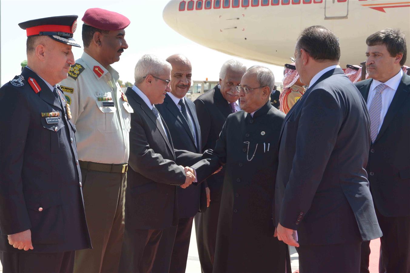 The Honorable Minister of Labor of Jordan, Dr. Nidal Mardi Katamin introducing the Jordanian dignitaries to the President of India, Shri Pranab Mukherjee upon his arrival at the Queen Alia International Airport (Royal Pavilion) in Amman, Jordan on October