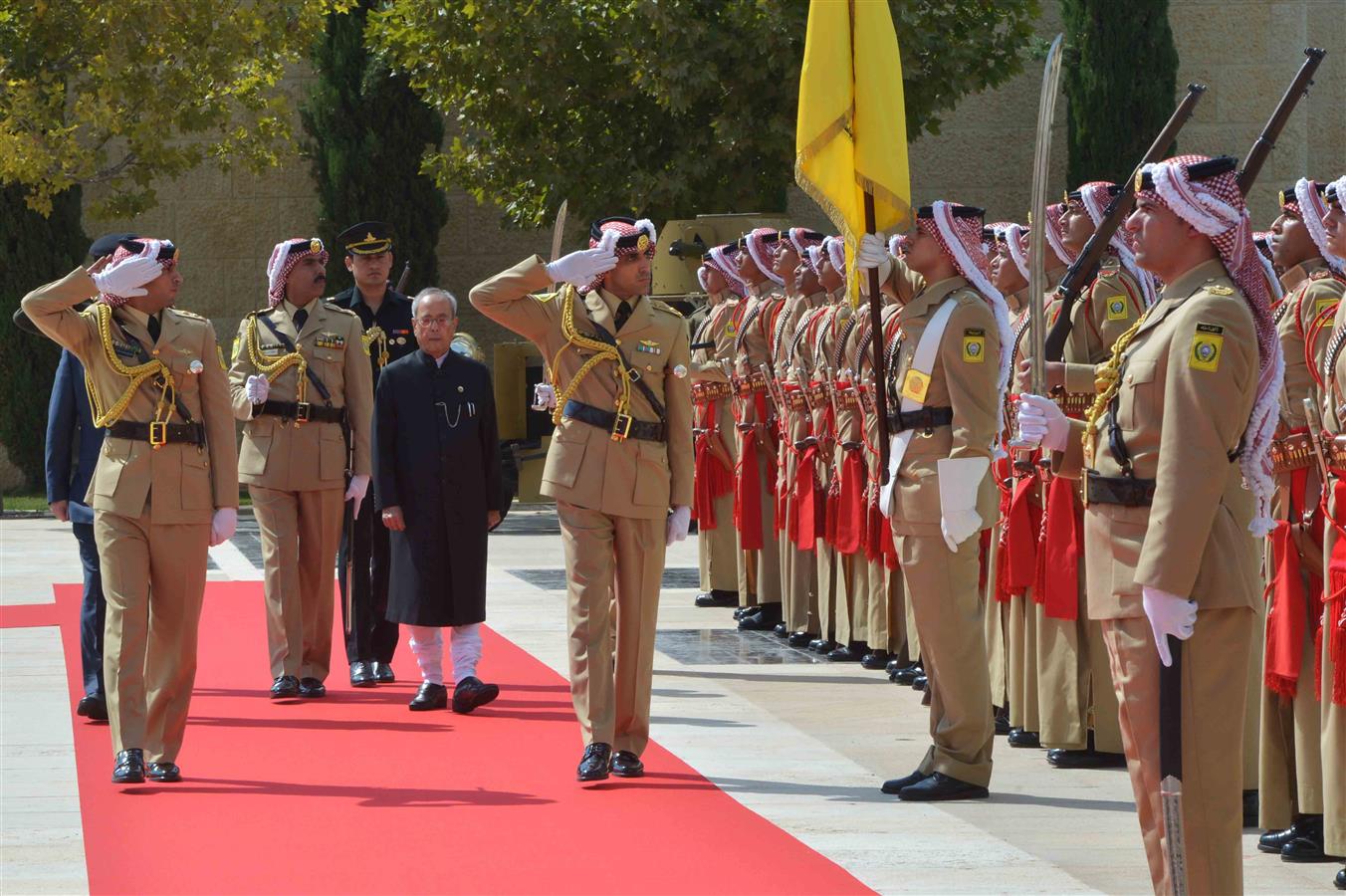 The President of India, Shri Pranab Mukherjee inspecting the Guard of Honor at the Reception at Al Husseinieh Palace in Amman, Jordan on October 10, 2015.