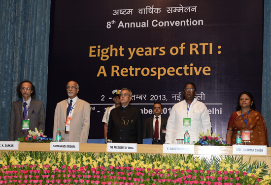 The President of India, Shri Pranab Mukherjee at the function to inaugurate the National Convention of Central Information Commission(CIC) at DRDO Bhawan in New Delhi on September 2, 2013. Also seen are the Chief Information Commissioner, Shri Satyananda