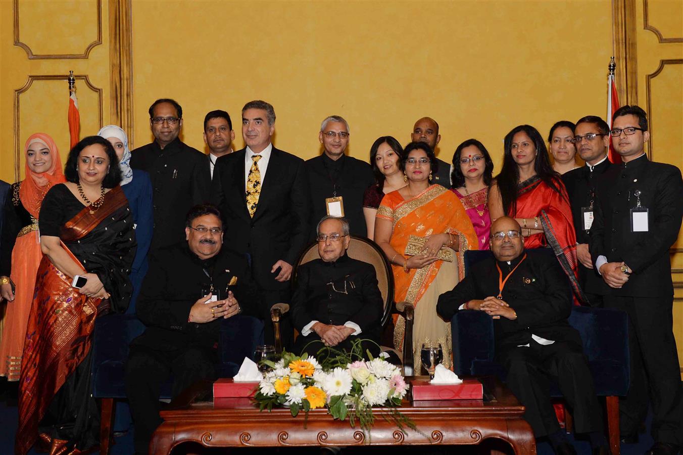 The President of India, Shri Pranab Mukherjee with a group of members of the Indian community and Jordanian friends of India at the Reception hosted by the Ambassador of India to Jordan, Shri Anil Trigunayat at Hotel Le Royal in Amman, Jordan on October 1