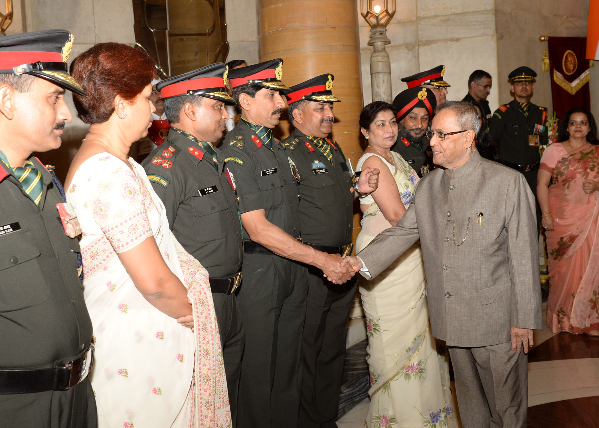 The President of India, Shri Pranab Mukherjee meeting with Territorial Army Officers JCOs and Others Ranks along with Spouses on the occasion of Raising Day of Territorial Army Day on October 10, 2014. 