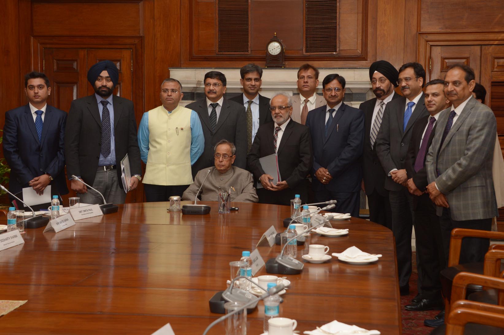 The President of India, Shri Pranab Mukherjee meeting with the Indian Business Delegation for the President's State visit to Norway and Finland at Rashtrapati Bhavan on October 10, 2014. 