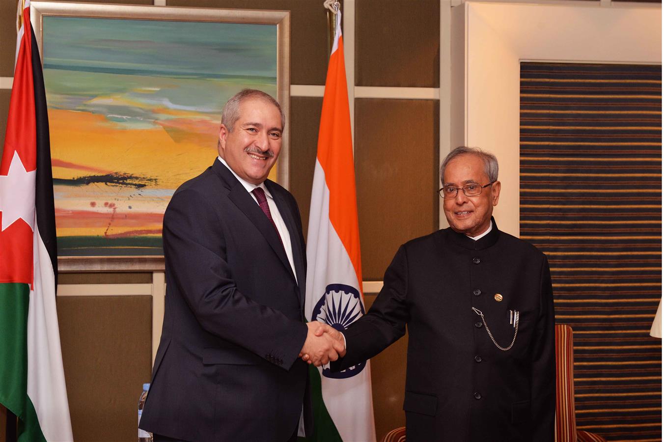 The Deputy Prime Minister and Minister of Foreign Affairs of Jordan, Mr. Nasser S. Judeh calling on the President of India, Shri Pranab Mukherjee at Hotel Four Seasons in Amman, Jordan on October 11, 2015.