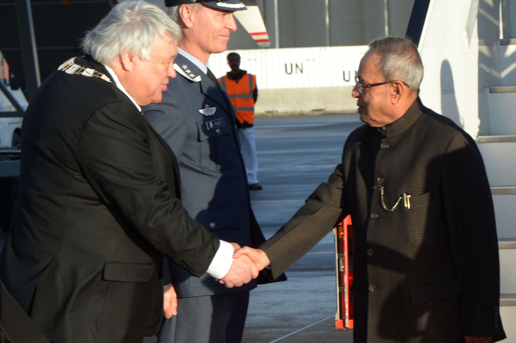 The President of India, Shri Pranab Mukherjee being received by the Mayor of Ullensaker, H.E. Mr. Herald Espolund on his arrival at Gardermoen Airbase at Oslo, Norway on October 12,2014 at the start of his State visit to Norway. 