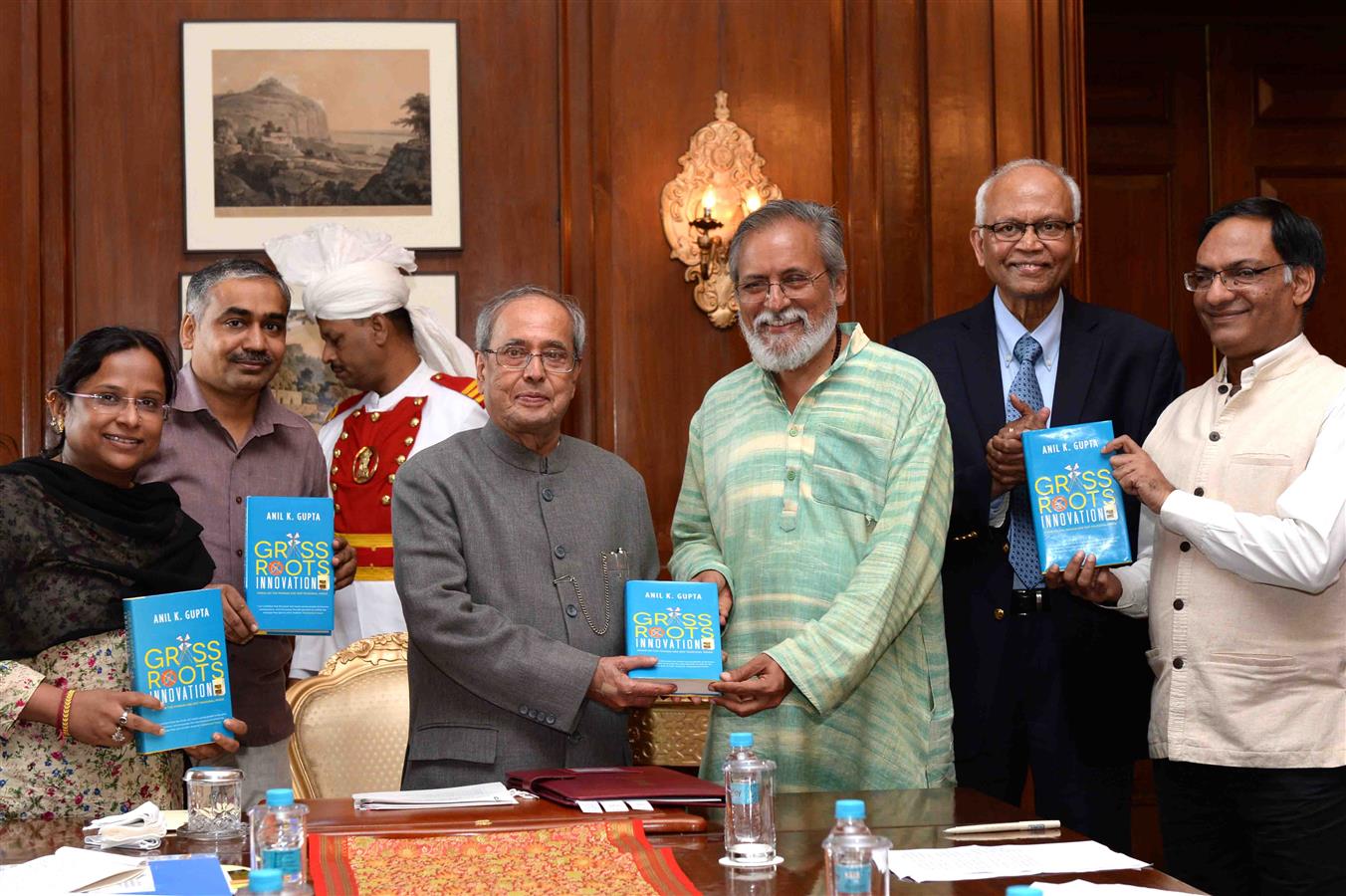 The President of India, Shri Pranab Mukherjee receiving a copy of the book 'Grassroots Innovations' from Prof. Anil K. Gupta, Executive Vice Chairperson, National Innovation Foundation-India (Ahmedabad) at Rashtrapati Bhavan on August 2, 2016. 