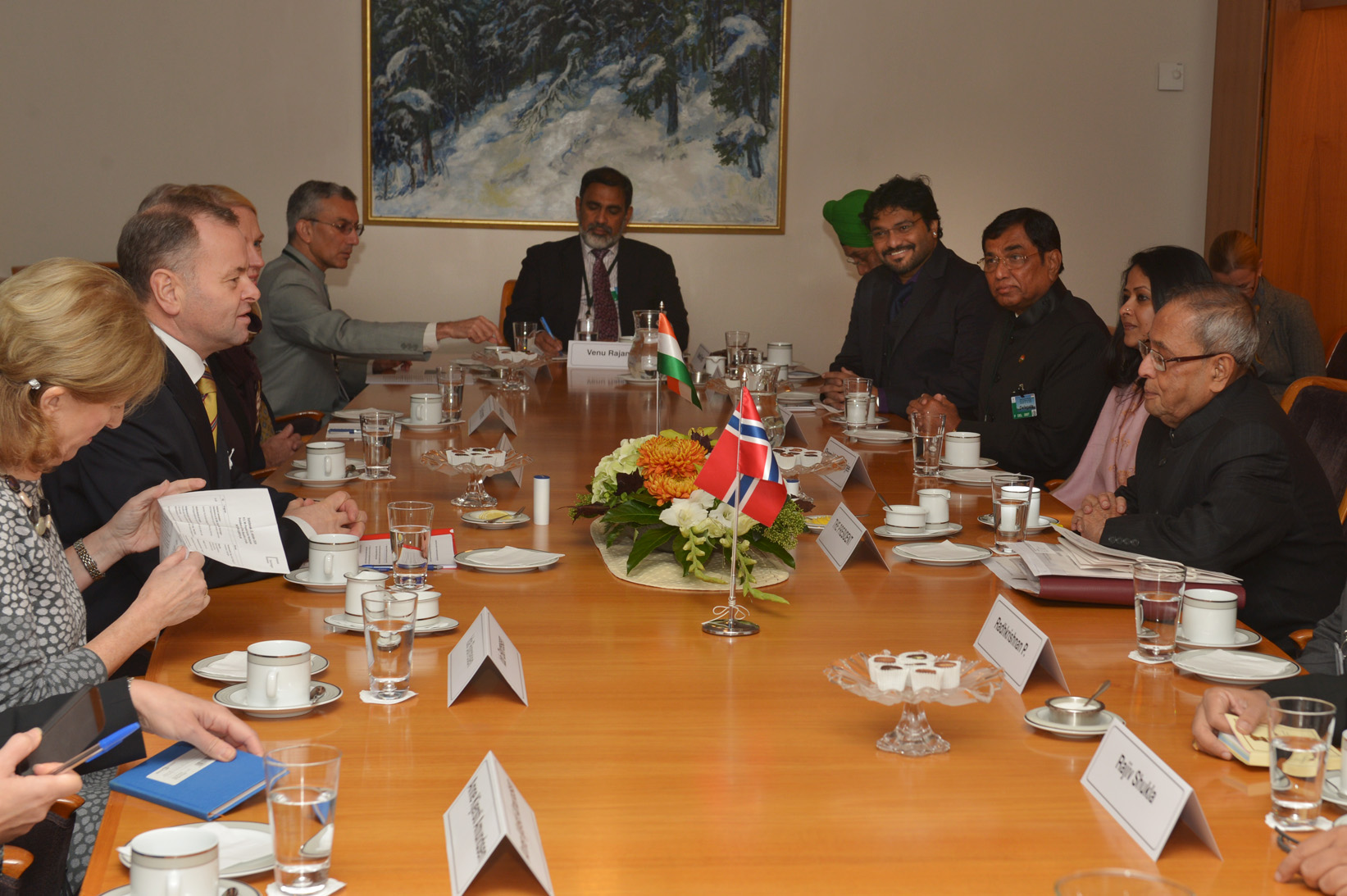 The President of India, Shri Pranab Mukherjee meeting with the President of Storting (Parliament of Norway), Mr. Olemic Thommessen at Oslo in Norway on October 13, 2014. 