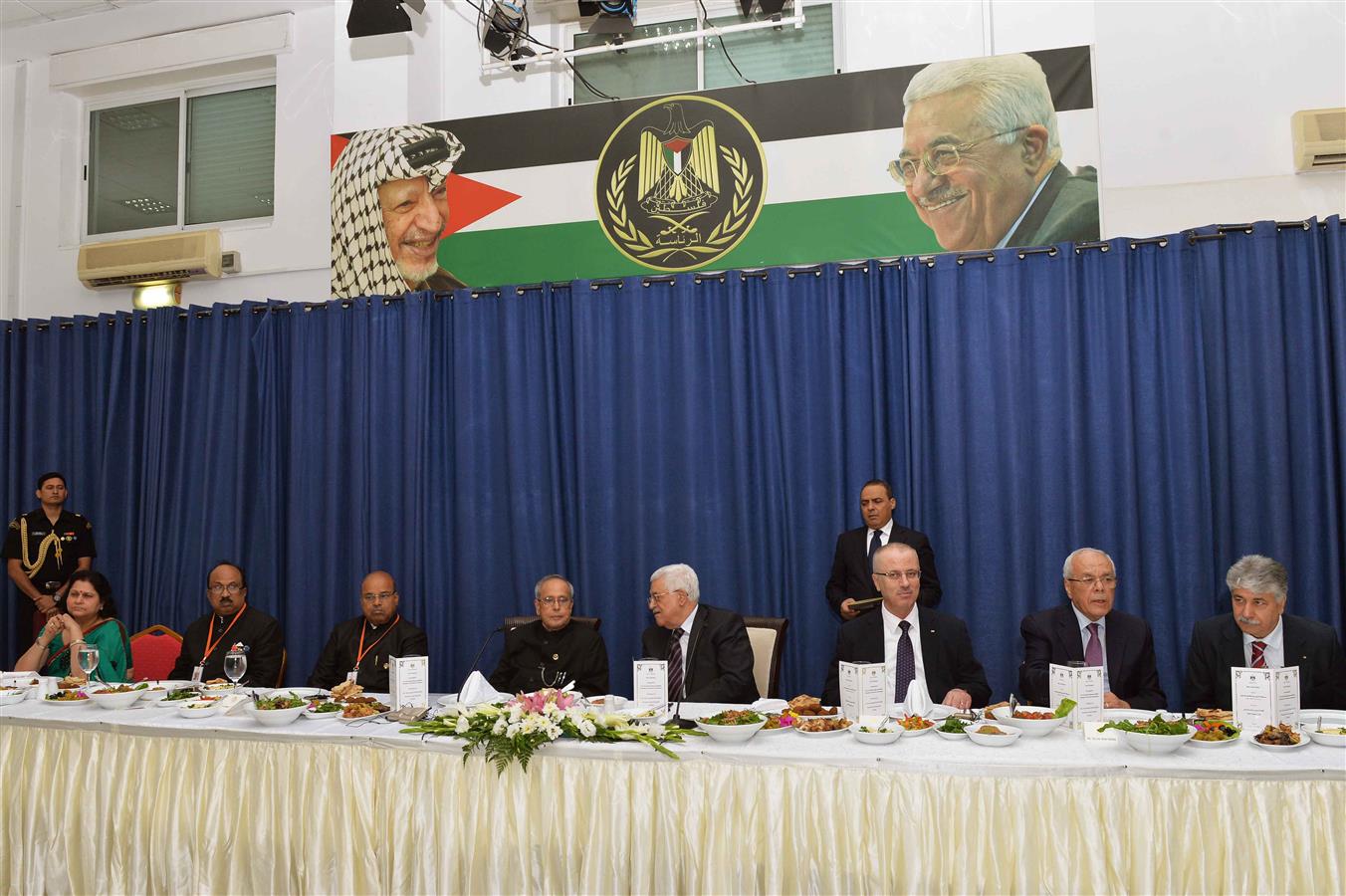 The President of India, Shri Pranab Mukherjee during the Banquet hosted by the President of Palestine H.E. Mr. Mahmoud Abbas at the Presidential Palace in Ramallah, Palestine on October 12, 2015.