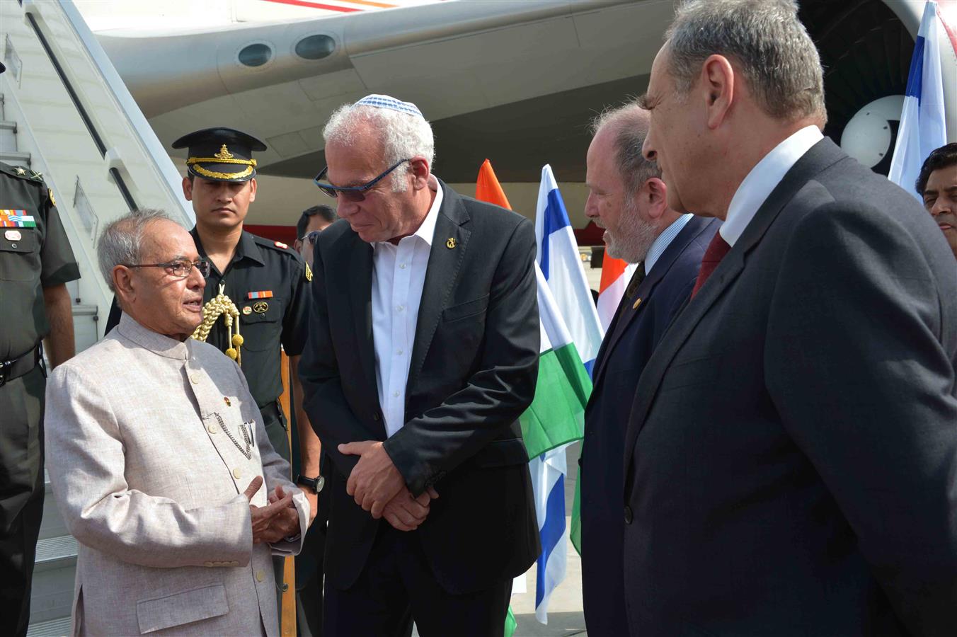 The Minister of Agriculture of Israel and the Minister of Foreign Affairs of Israel receiving the President of India, Shri Pranab Mukherjee at Ben Gurion International Airport in Israel on October 13, 2015.