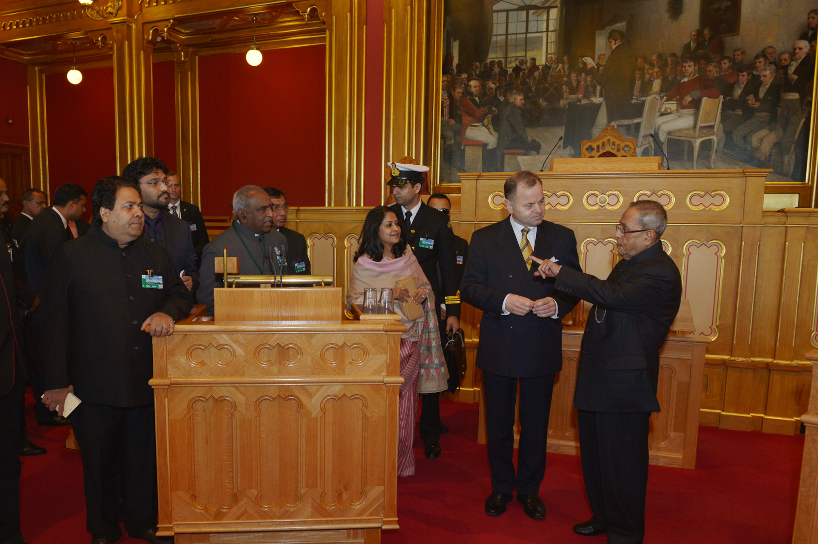 The President of India, Shri Pranab Mukherjee with the President of Storting (Parliament of Norway), Mr. Olemic Thommessen during his visit to Storting (Parliament of Norway) at Oslo in Norway on October 13, 2014. 