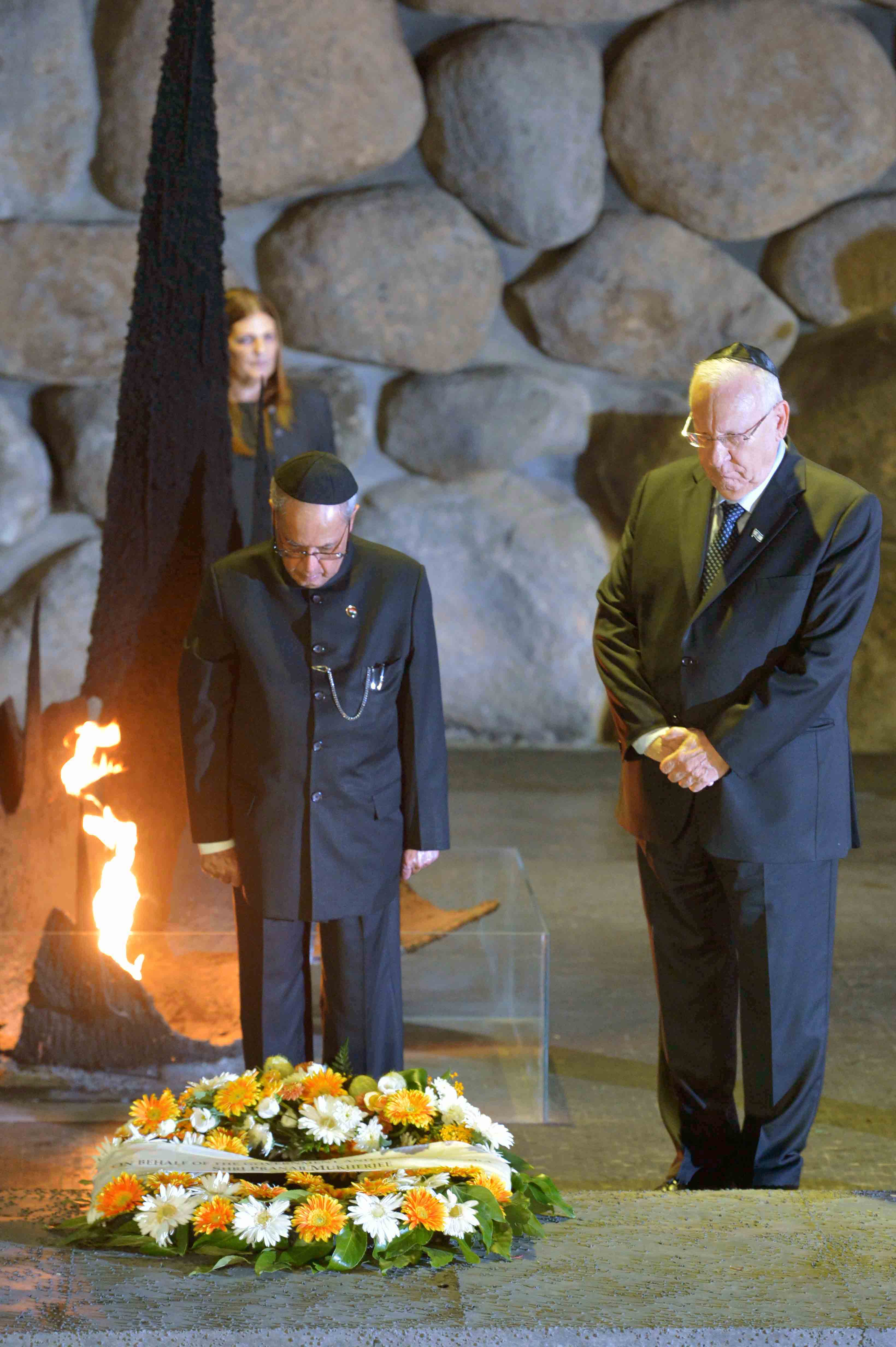 The President of India, Shri Pranab Mukherjee laying a wreath at Yad Vashem Holocaust Museum, Hall of Remembrance, Jerusalem in Israel on October 13, 2015.