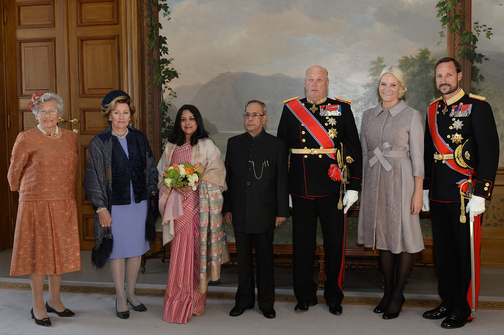 The President of India, Shri Pranab Mukherjee during a Photo Opportunity with Their Majesties King Harald V & Queen Sonja and HRH Crown Princess Mette-Marit at Royal Palace at Oslo,in Norway on October 13, 2014. Ms. Sharmistha Mukherjee, Daughter of the P 