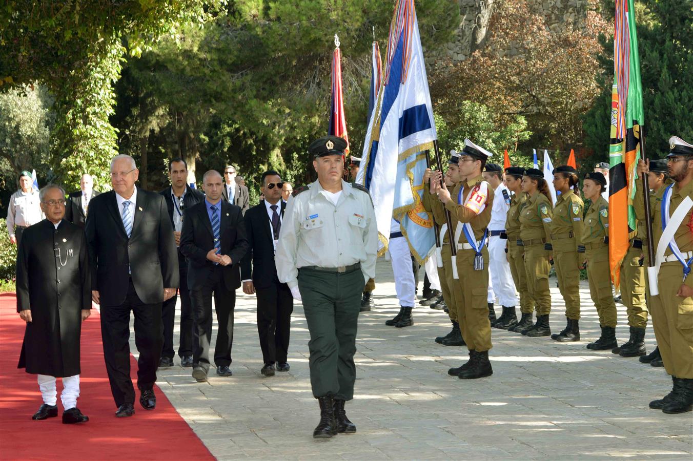 The President of India, Shri Pranab Mukherjee inspecting the Guard of Honor at the Reception at Rashtrapati Bhavan in Jerusalem, Israel on October 14, 2015.