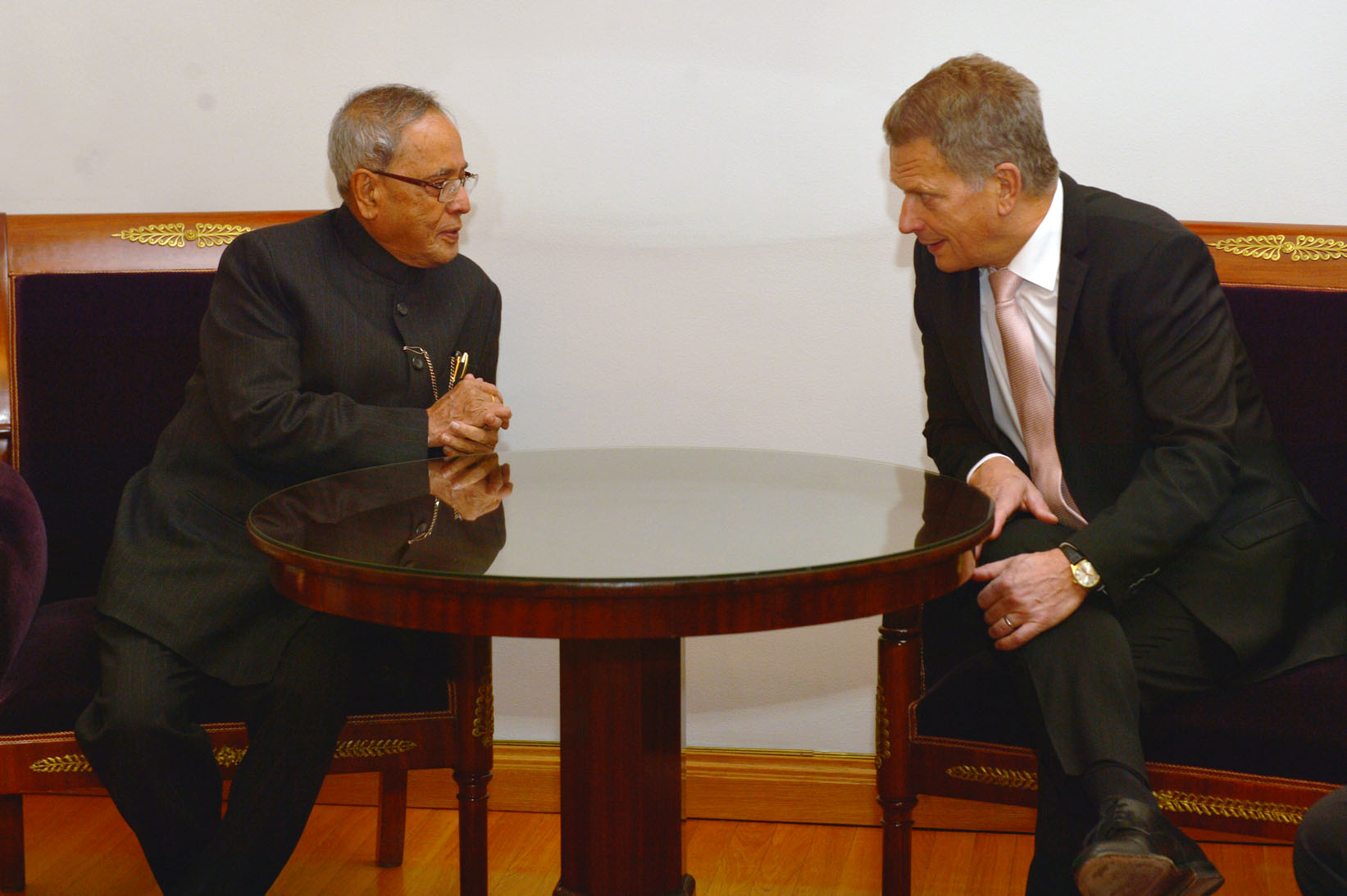 The President of India, Shri Pranab Mukherjee meeting with the President of Finland, H.E. Mr. Sauli Niinisto at Presidential Palace in Helsinki, Finland on October 15, 2014. 