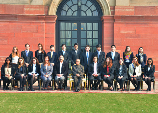 The President of India, Shri Pranab Mukherjee with Shri Jaivardhan Singh and 19 other Students from Columbia University at Rashtrapati Bhavan in New Delhi on January 04, 2013.