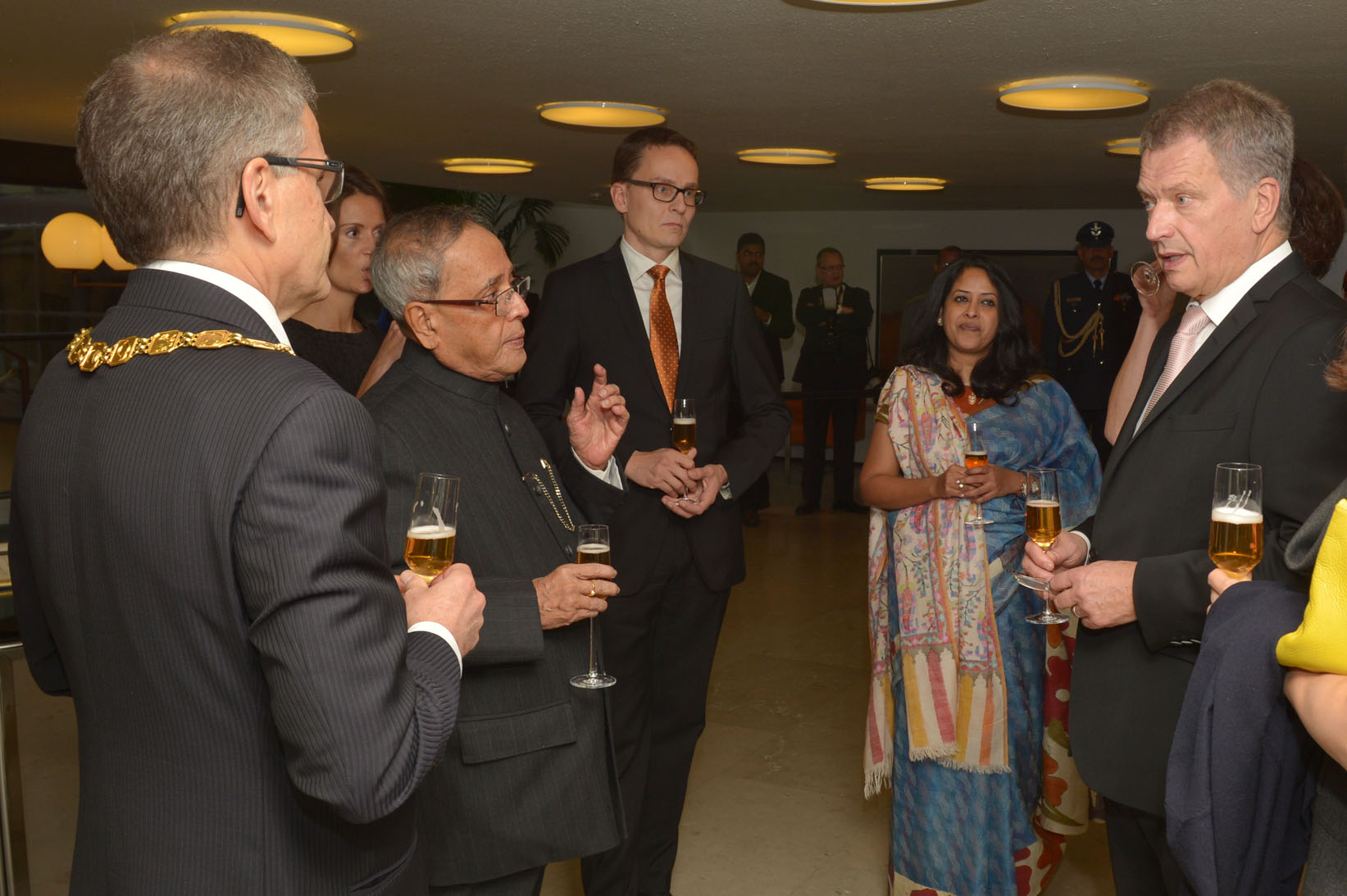 The President of India, Shri Pranab Mukherjee and his daughter Ms. Sharmistha Mukherjee attending a Lunch hosted by the Mayor of Helsinki, Mr Jussi Pajunen at City Hall at Helsinki in Finland on October 15, 2014. 