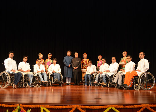 The President of India, Shri Pranab Mukherjee with the artists after witnessing the Dance Performance by differently abled Children from Guru Syed Sallauddin Pasha's 'Ability Unlimited Foundation' at Rashtrapati Bhavan Auditorium on September 21, 2013.