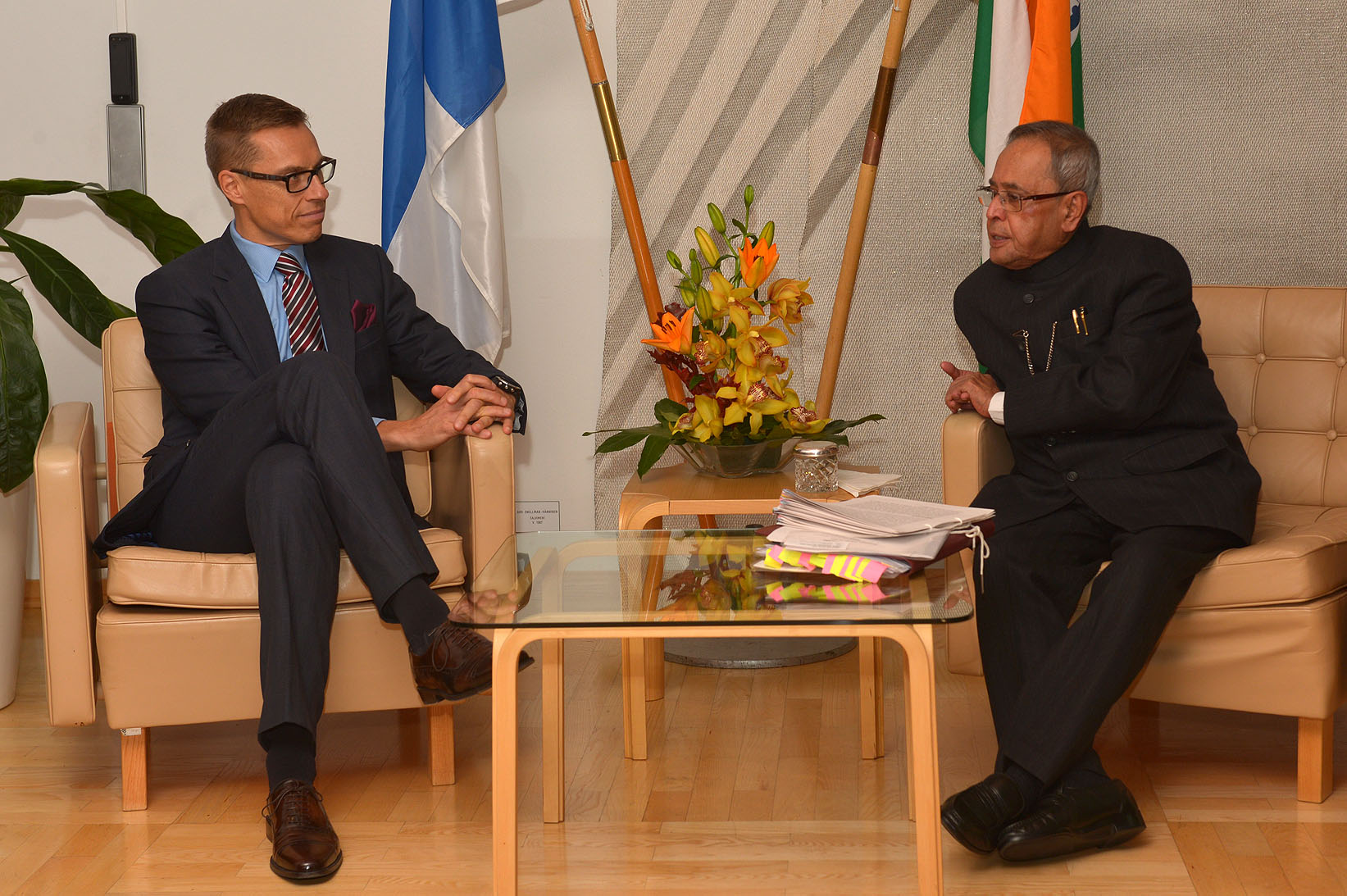 The Prime Minister of Finland, H.E. Mr Alexander Stubb calling on the the President of India, Shri Pranab Mukherjee at Helsinki in Finland on October 15, 2014. 