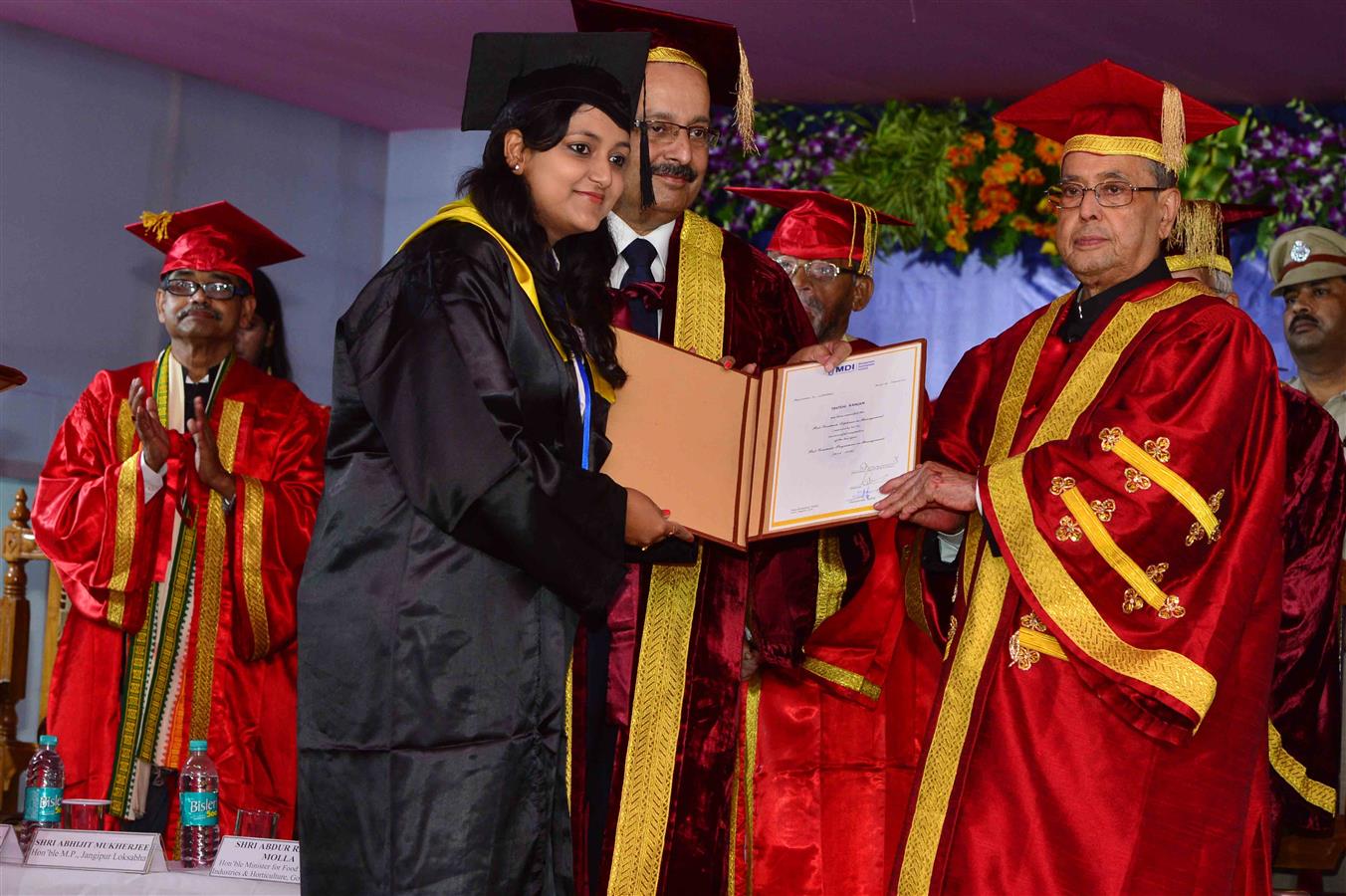 The President of India, Shri Pranab Mukherjee presenting a degree to a student at the first convocation of the Management Development Institute (MDI), Murshidabad in West Bengal on August 24, 2016. 