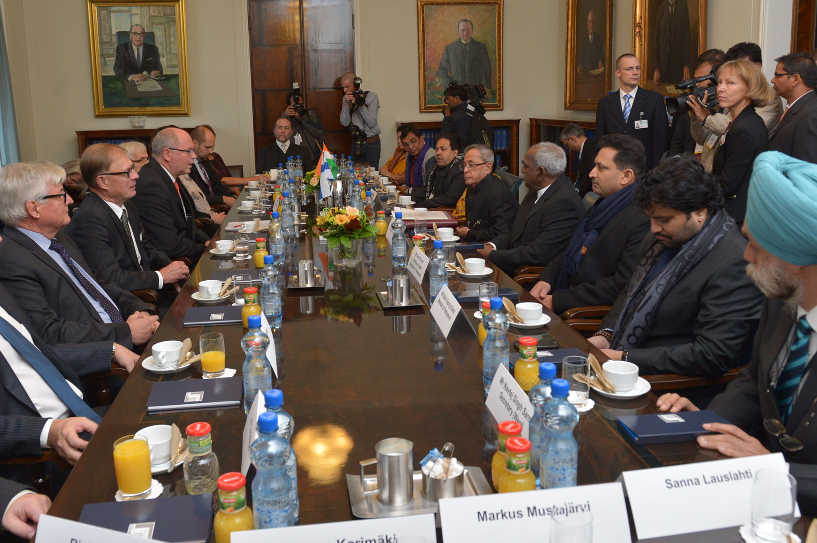 The President of India, Shri Pranab Mukherjee and the Speaker of Parliament of Finland, Mr Eero Heinaluoma during delegation level talks Helsinki in Finland on October 16, 2014. 