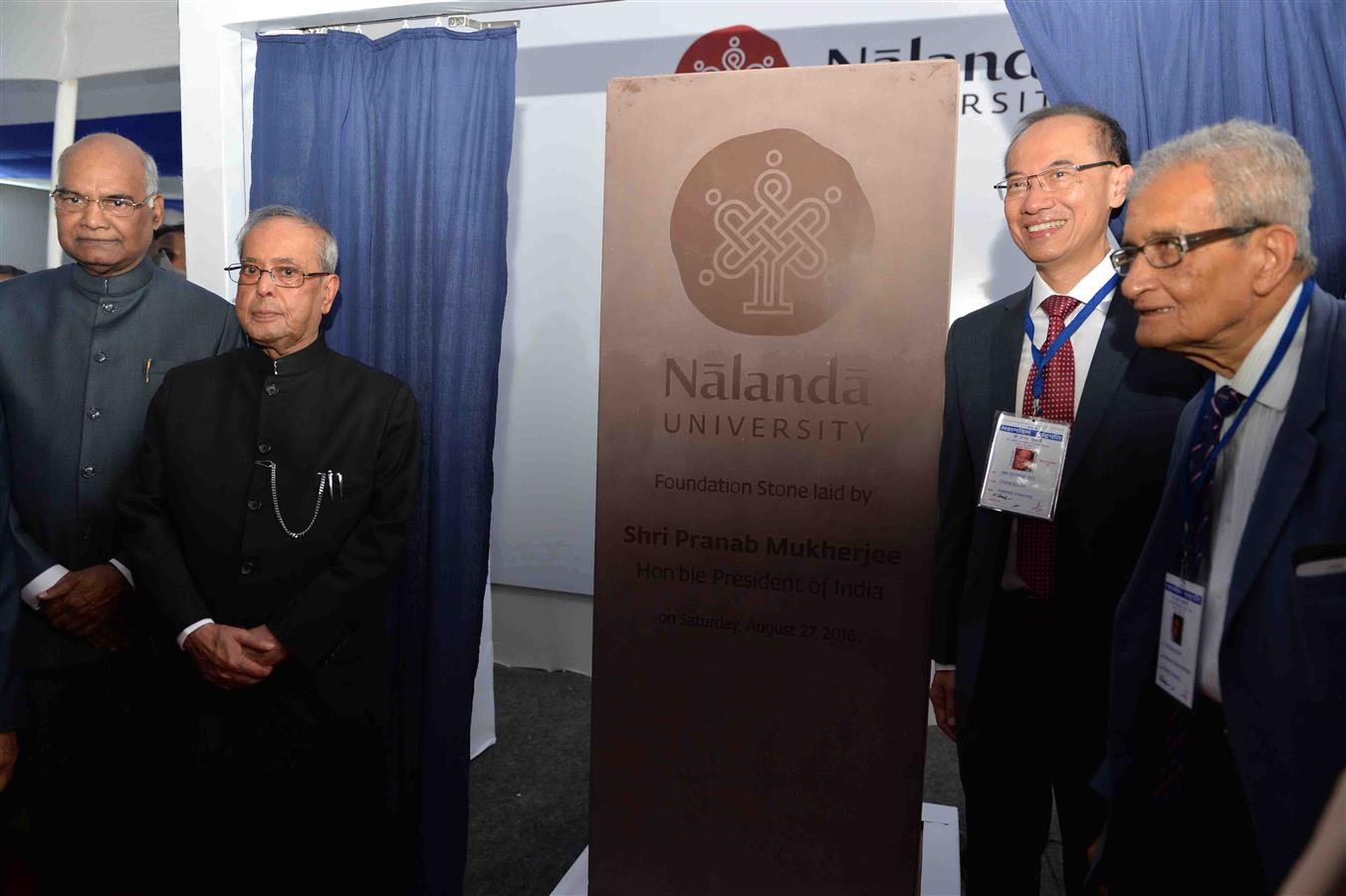 The President of India, Shri Pranab Mukherjee laying the foundations stone of its new campus at the First Convocation of Nalanda University at Rajgir, Nalanda in Bihar on August 27, 2016. 