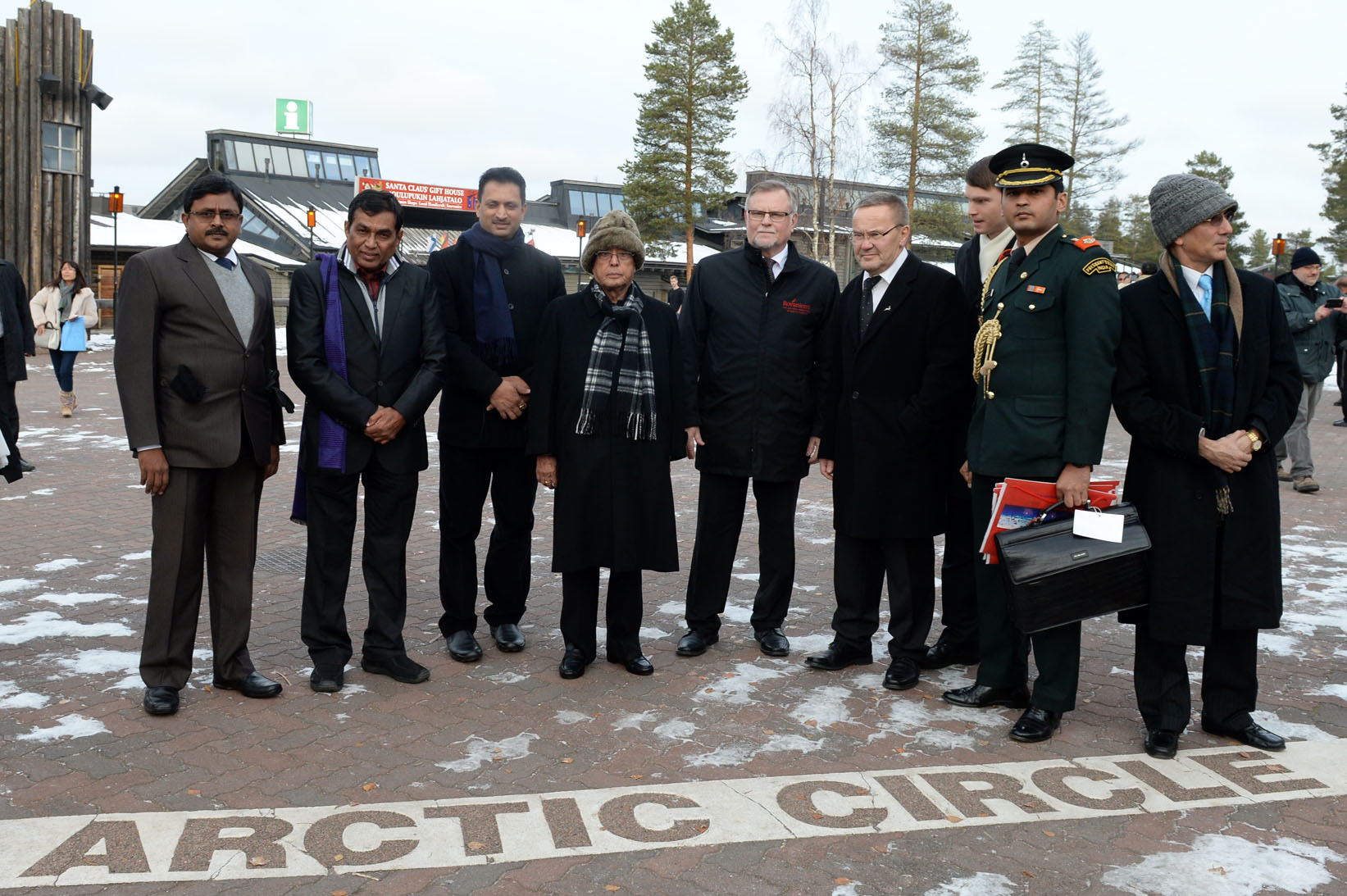 The President of India, Shri Pranab Mukherjee crossing the Arctic Circle during his visits to Arctic Circle at Santa Claus Village at Helsinki in Finland on October 16, 2014. 