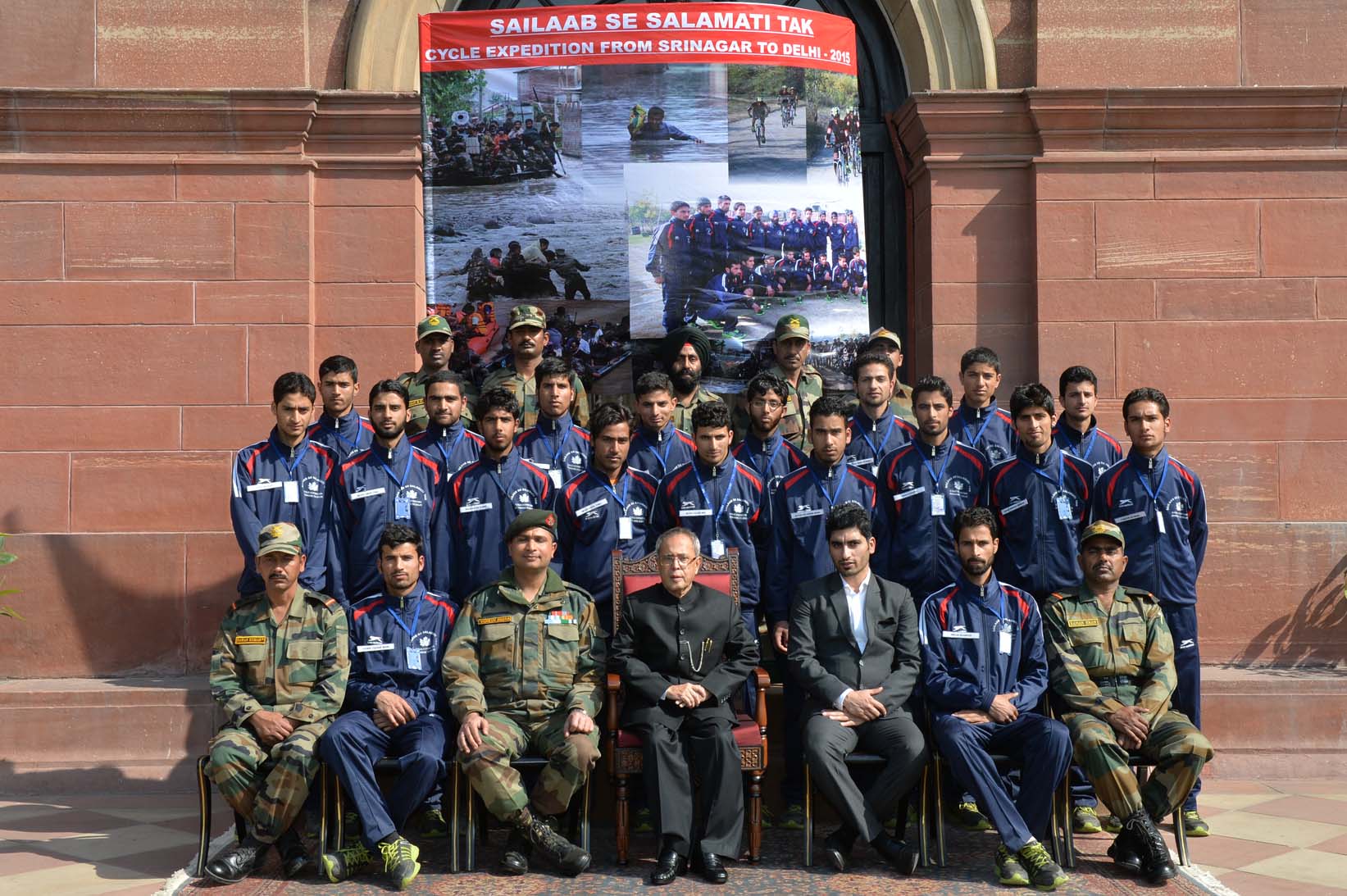 The President of India, Shri Pranab Mukherjee with the youths from Kashmir Valley participating in the Cycle Expedition being organized under Operation Sadbhavana organized by 52RR/10SECT RR/CIF(K)/15 Crops at Rashtrapati Bhavan on February 13, 2015.