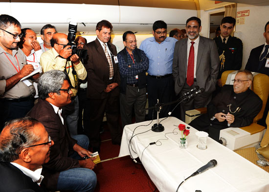 The President of India, Shri Pranab Mukherjee addressing to the accompanying media on board the special aircraft on his way to the Belgium on October 2, 2013 at the start of his State Visit there and to the Turkey.