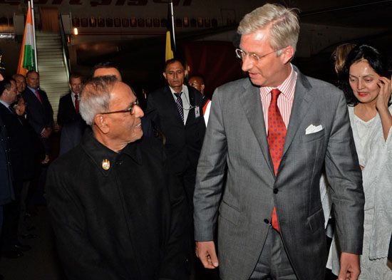 The President of India, Shri Pranab Mukherjee being received by the King of Belgium, His Majesty King Philipe at Military Airport Melsbroek at Brussels in Belgium on October 2, 2013 on his arrival for his State Visit to the Belgium.