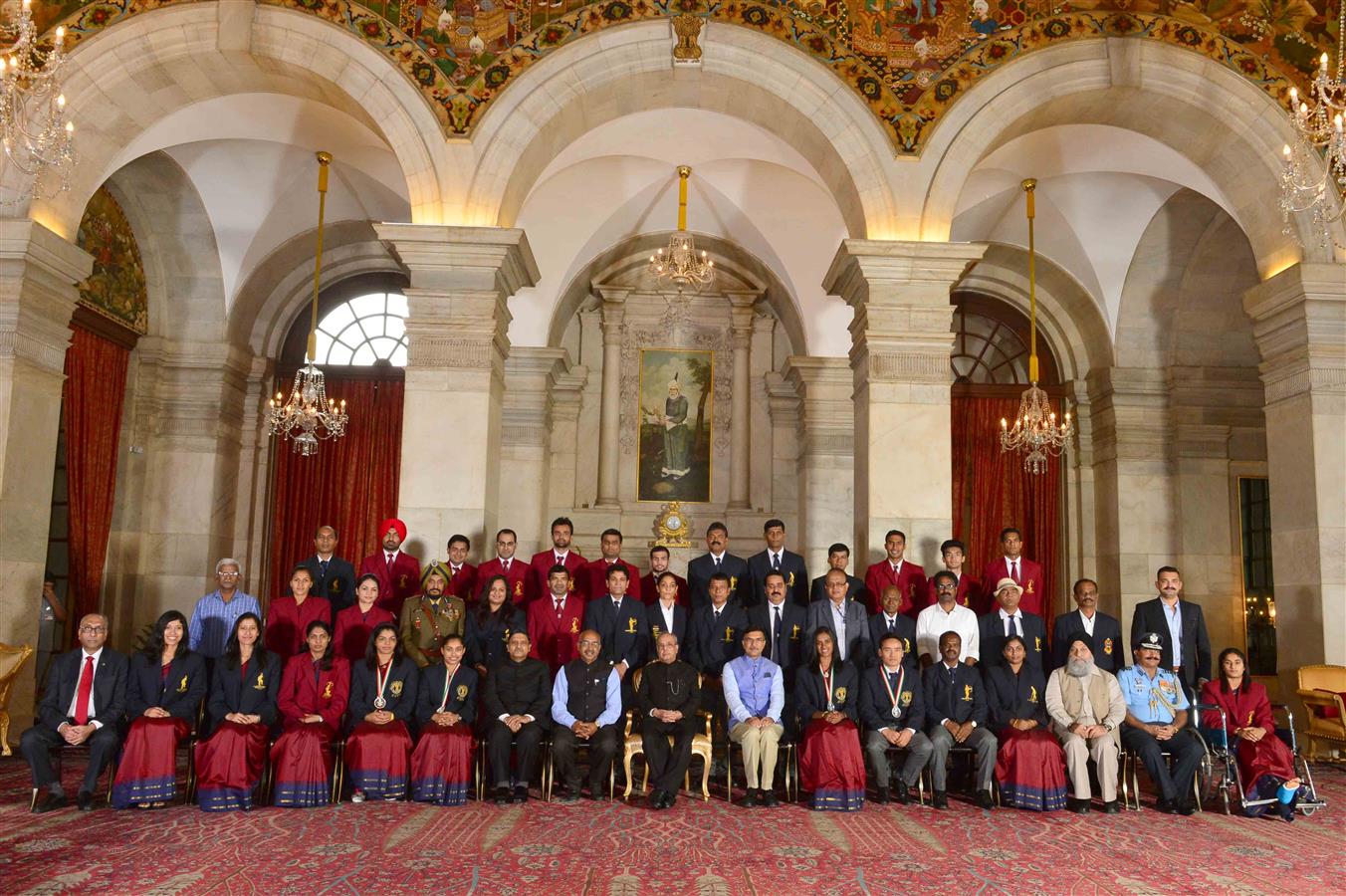 The President of India, Shri Pranab Mukherjee with the recipients of Rajiv Gandhi Khel Ratna Award, Dronacharya Award, Arjuna Award, Dhyan Chand Award, National Tenzing Norgay Advanture Award, Maulana Abul Kalam Azad Trophy and Rashtriya Khel Protsahan P 