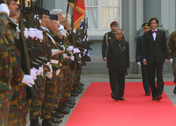 The President of India, Shri Pranab Mukherjee inspecting the Guard of Honour presented to his at the Ceremonial Reception at Egmont Palace at Brussels in Belgium on October 3, 2013 during his State Visit to Belgium. Also seen is the Prime Minister of Bel