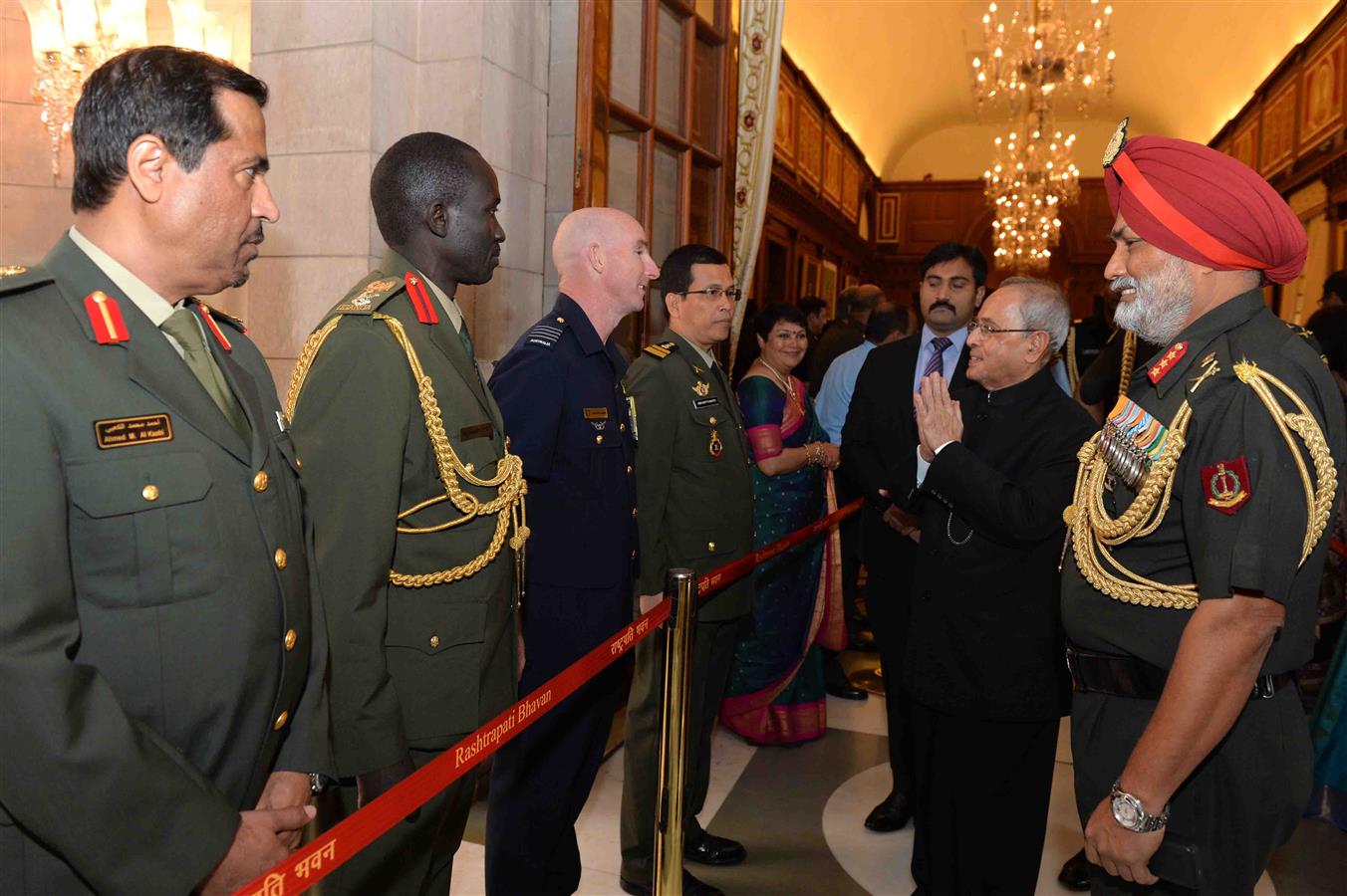 The President of India, Shri Pranab Mukherjee during the call by the members of NDC Course and Faculty of National Defene College along with their spouses at Rashtrapati Bhavan on November 4, 2015.