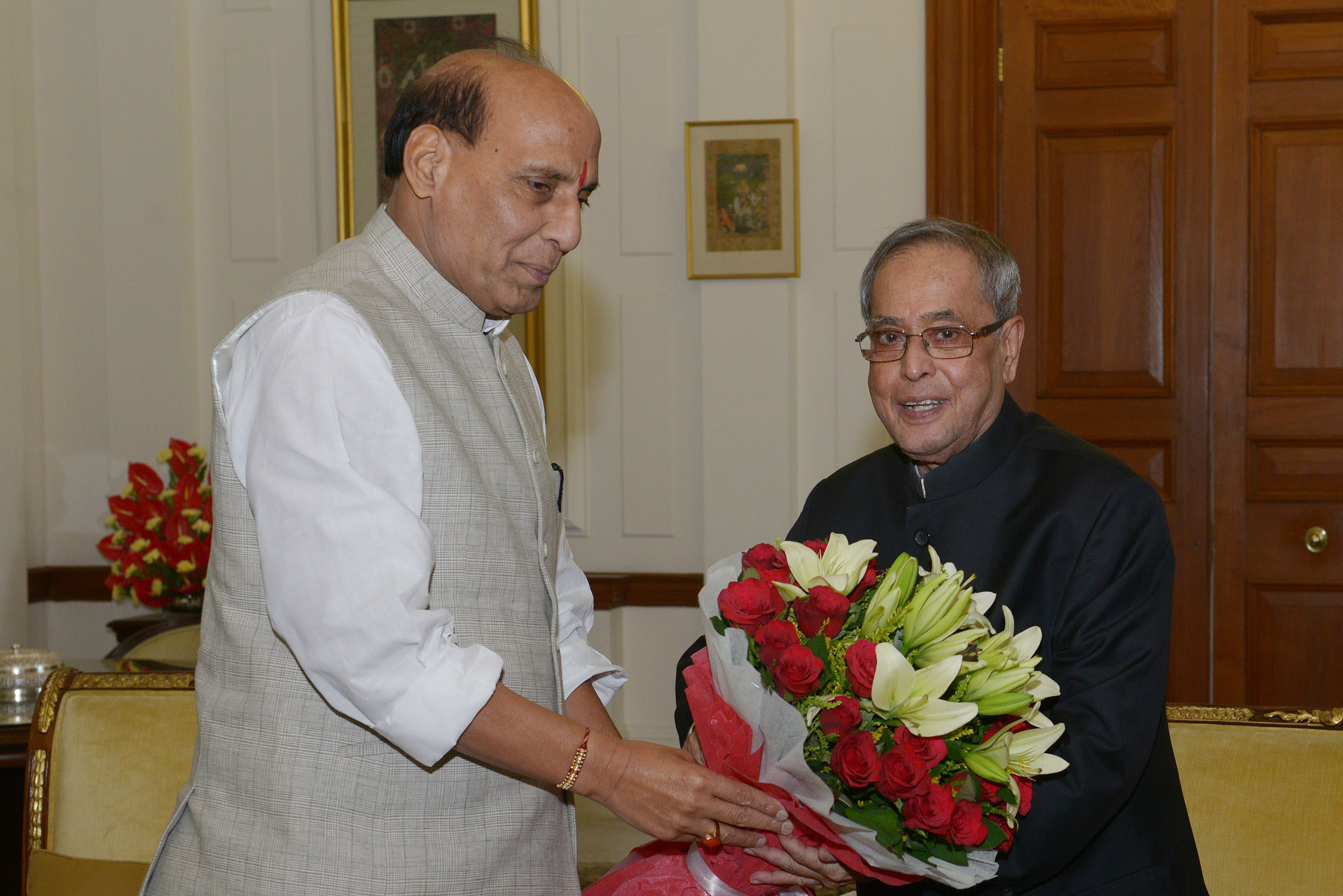 The President of India, Shri Pranab Mukherjee receiving Greetings from the, Minister of Home Affairs, Shri Raj Nath Singh on the occasion of Diwali at Rashtrapati Bhavan on October 23, 2014. 