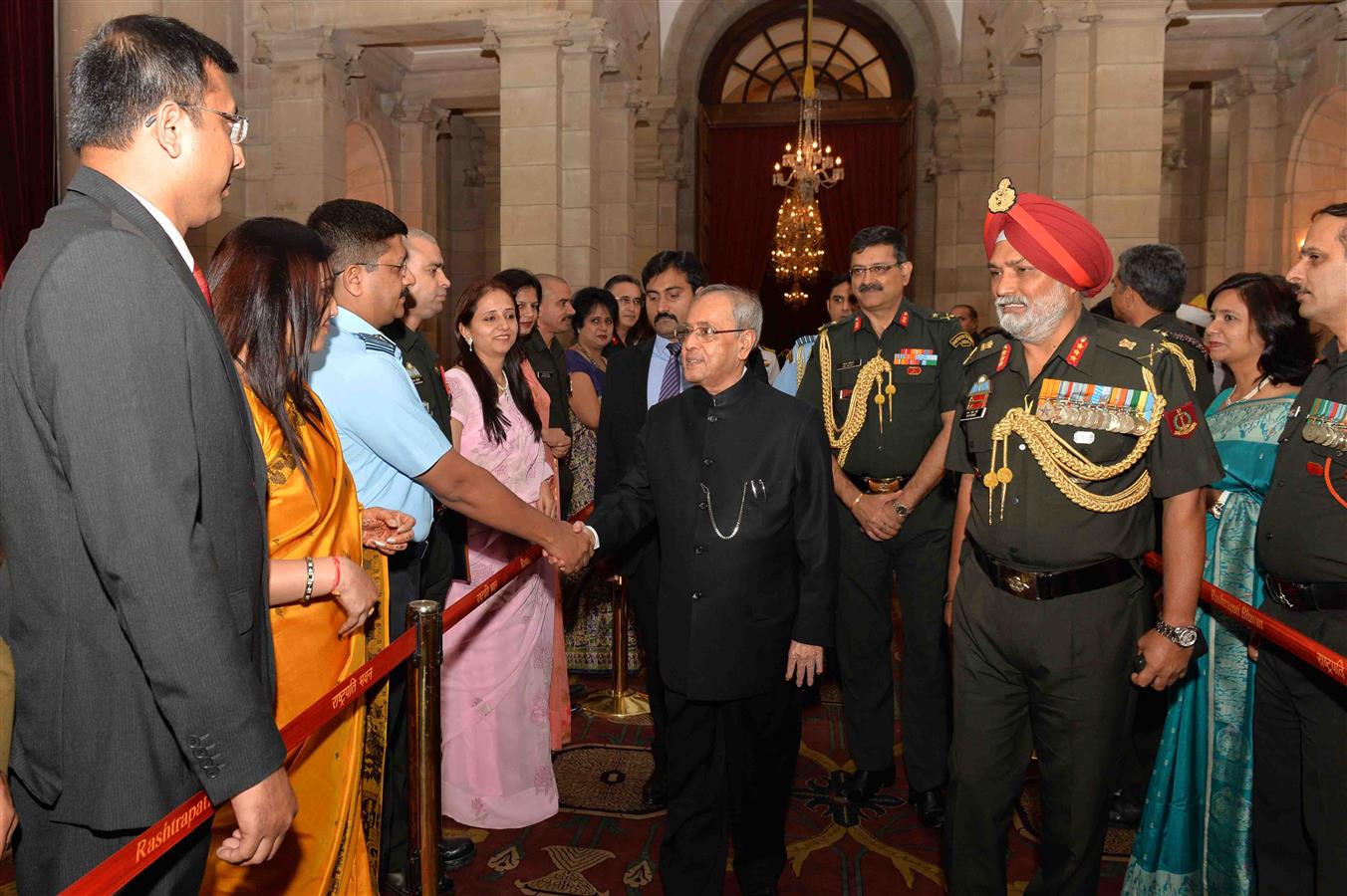 The President of India, Shri Pranab Mukherjee during the call by the members of NDC Course and Faculty of National Defene College along with their spouses at Rashtrapati Bhavan on November 4, 2015.