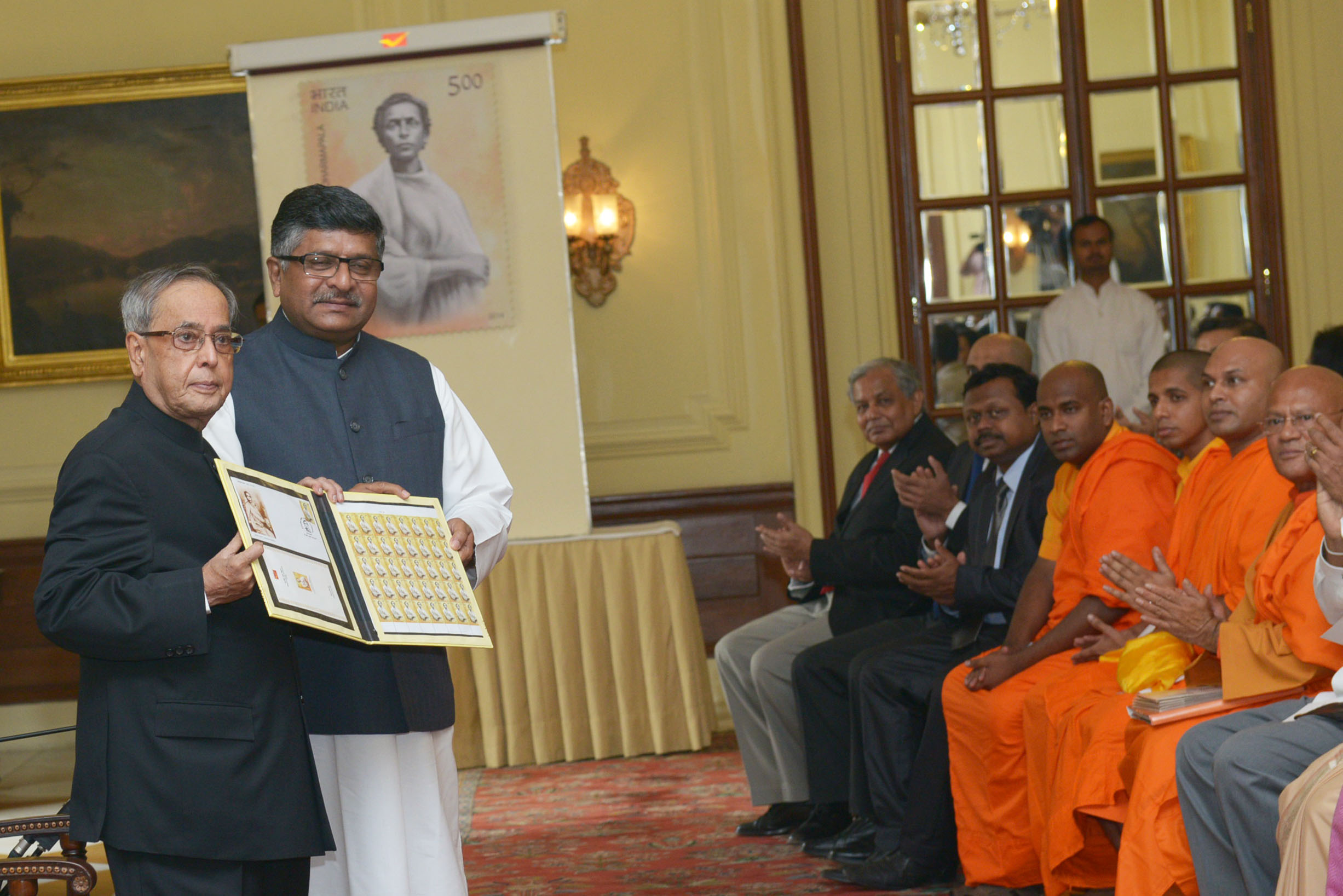 The President of India, Shri Pranab Mukherjee releasing a commemorative postage stamp on Anagarika Dharmapala at Rashtrapati Bhavan on October 25, 2014. 