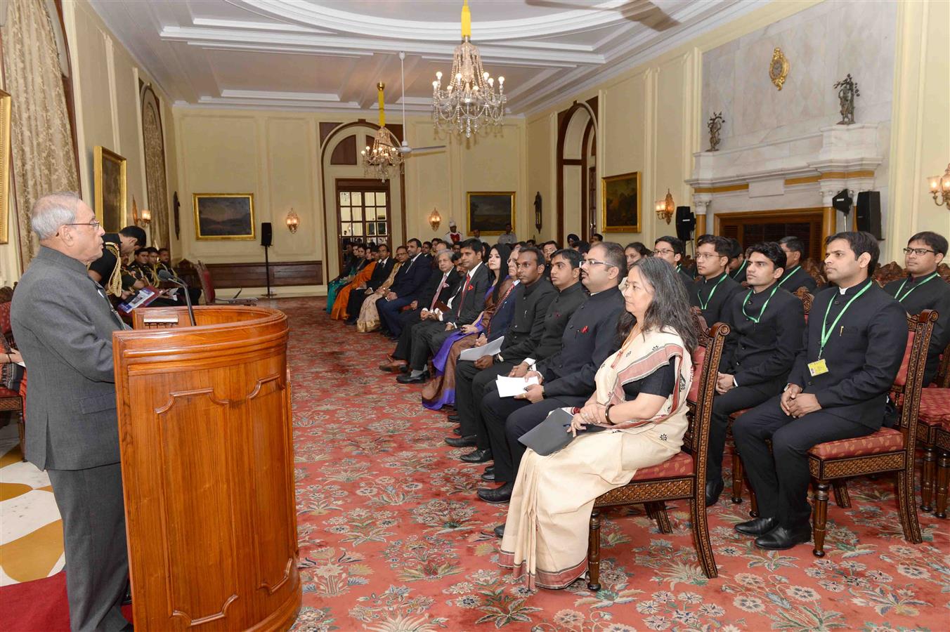 The President of India, Shri Pranab Mukherjee interacting with the Officers Trainees Indian Information Service (2016 Batch), Probationers of Indian P&T Accounts and Finance Service (2015 Batch) and Probationers of Indian Trade Service (2015 Batch) at Ra 