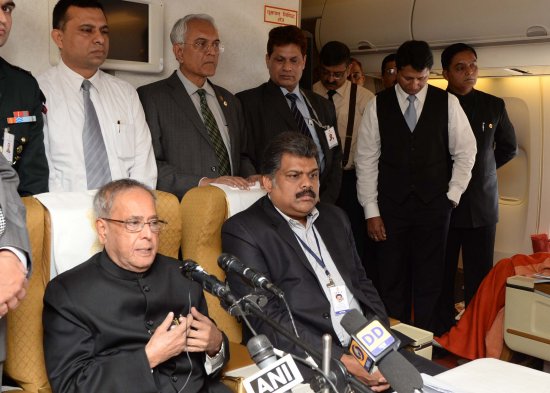 The President of India Shri Pranab Mukherjee addressing the media personnel on board the special aircraft on October 5, 2013 on his way for the State Visit to the Istanbul, Turkey.