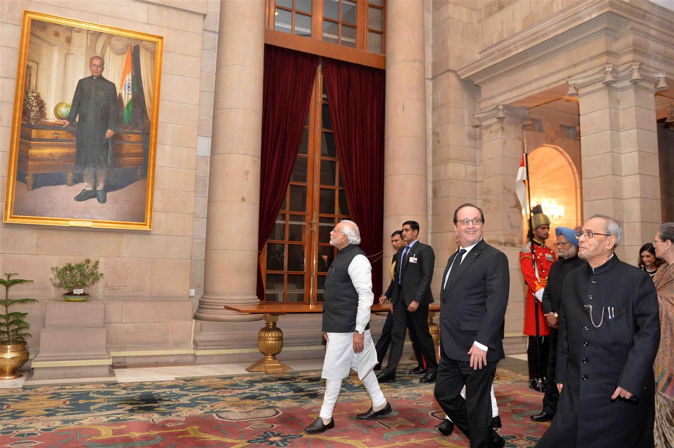 The President of India, Shri Pranab Mukherjee at the Banquet in Honour of the President of the French Republic H.E. Mr. Francois Hollande at Rashtrapati Bhavan on January 25, 2016. 