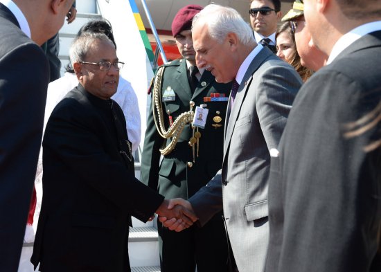 The President of India Shri Pranab Mukherjee being received by the Governor of Istanbul, Mr. Huseyin Avni Mutlu on his arrival at Istanbul in Turkey at the start of his State Visit on October 5, 2013.