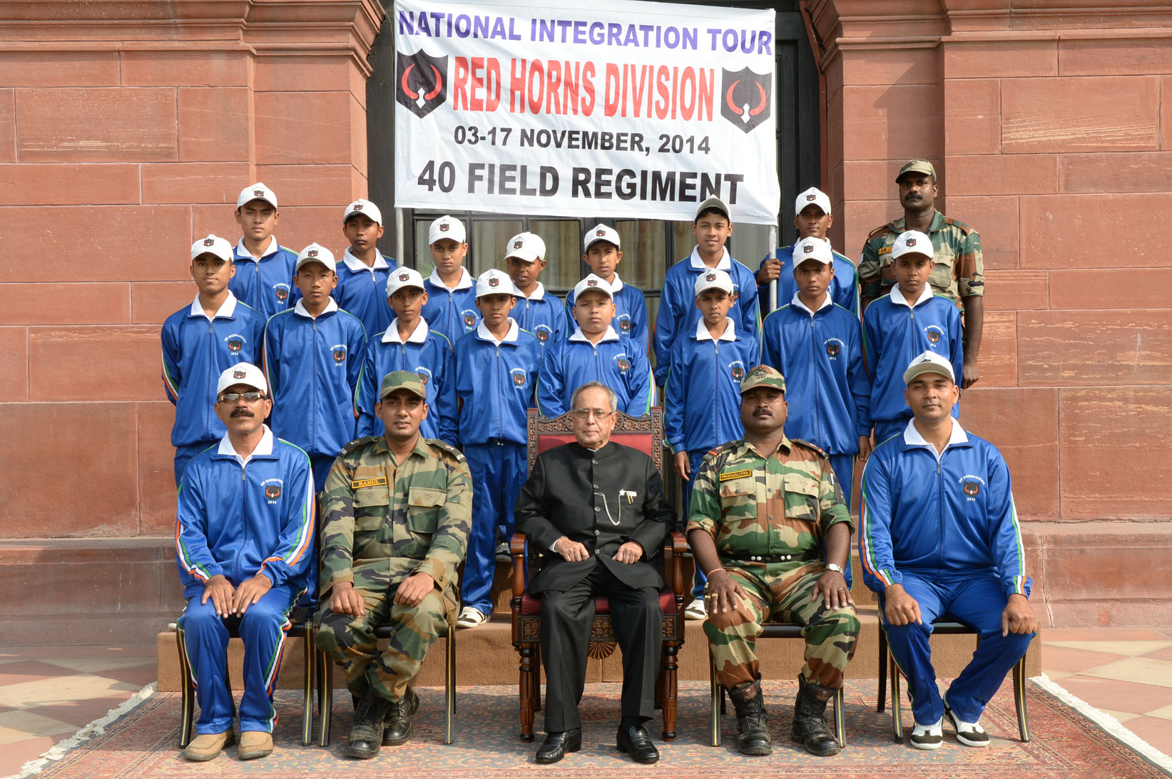 The President of India, Shri Pranab Mukherjee with the Students and Teachers from Darrang District, Assam attending Op. Sadbhavana Tour organized by the 40 Field Regiment (ASAL UTTAR) at Rashtrapati Bhavan on November 5, 2014. 