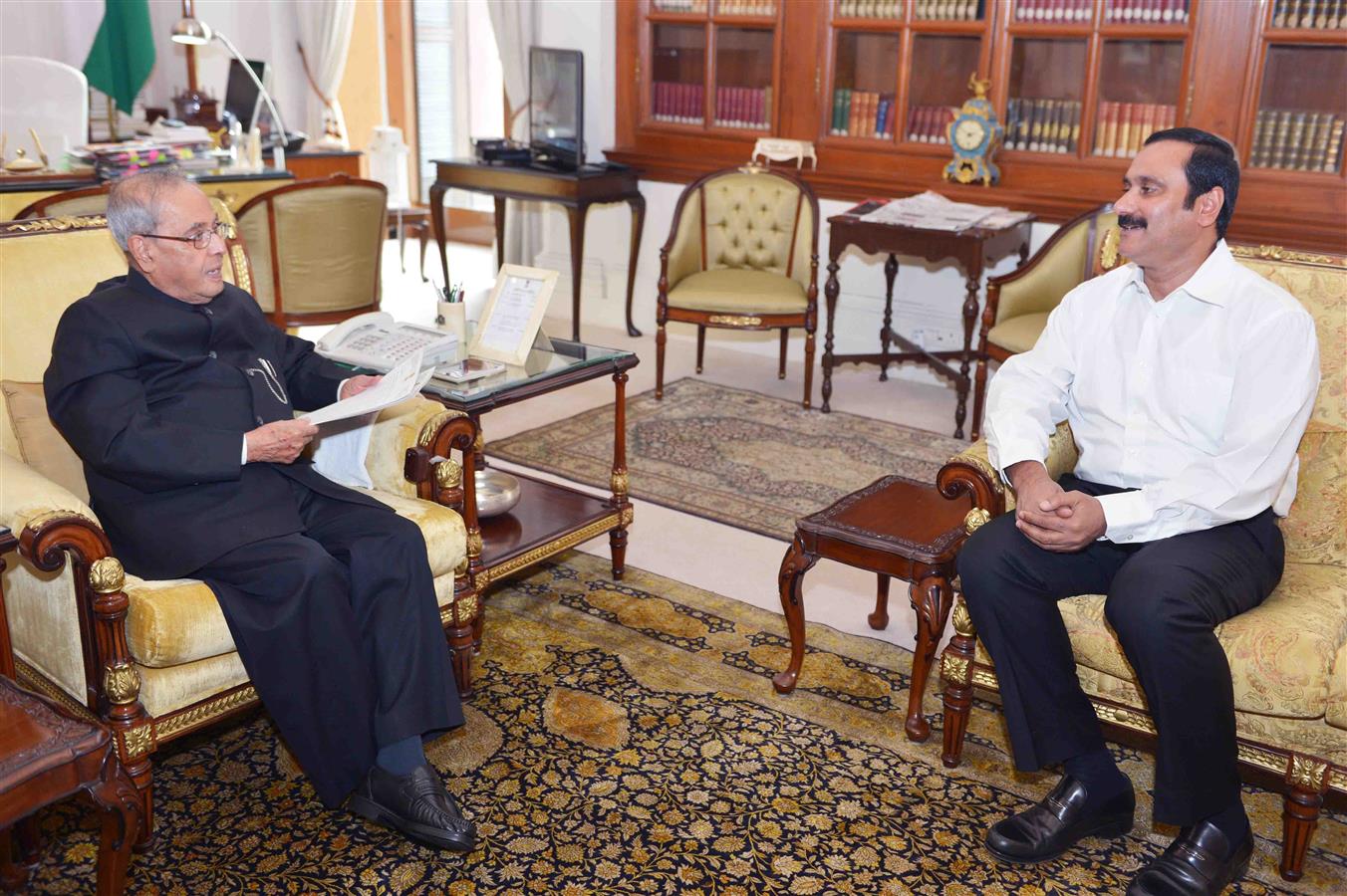 The President of India, Shri Pranab Mukherjee meeting with Dr. Anbumani Ramadoss, Former Union Minister at Rashtrapati Bhavan on September 15, 2016. 