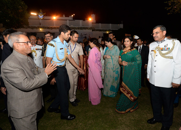 The President of India, Shri Pranab Mukherjee meeting Air Force Officers at the 'At Home' Reception hosted by the Chief of Air Staff, Air Chief Marshal N.A.K. Browne at his residence in New Delhi on the occasion of Air Force Day on October 8, 2013.