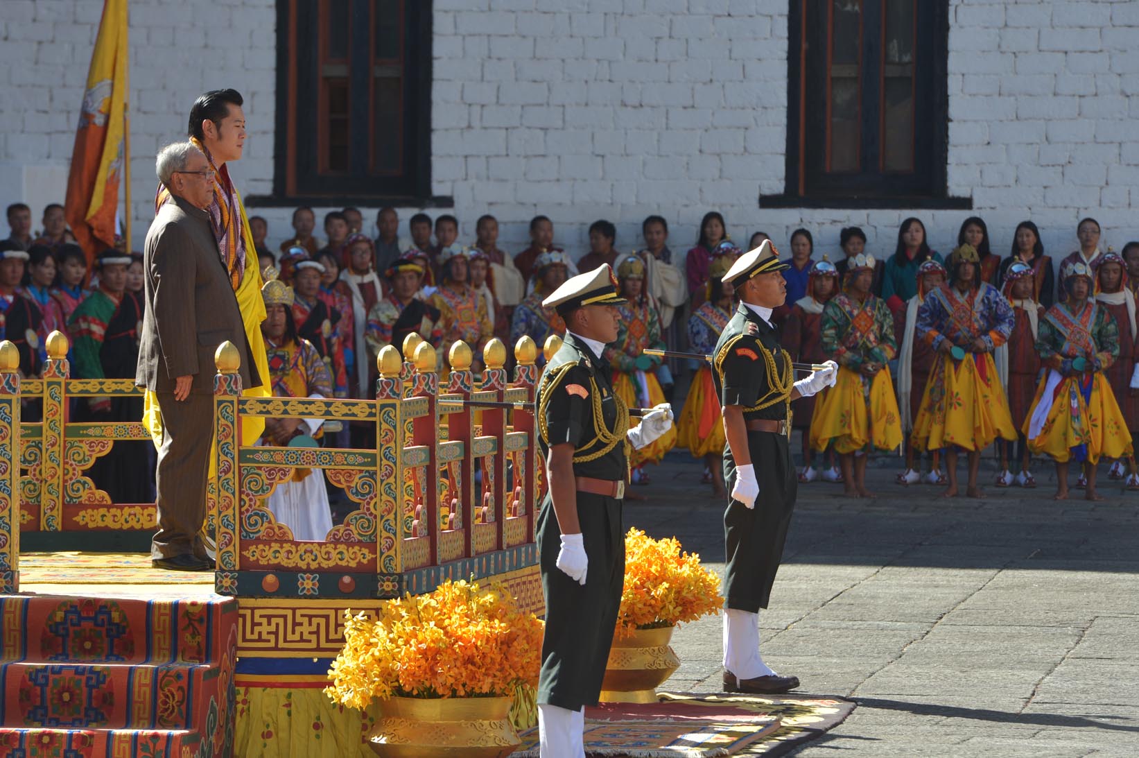 The President, Shri Pranab Mukherjee receiving the Guard of Honour at the Ceremonial Reception at Tashichhodzong in Thimphu, Bhutan on November 07, 2014. Also seen is the King of Bhutan, His Majesty Jigme Khesar Namgyel Wangchuck. 