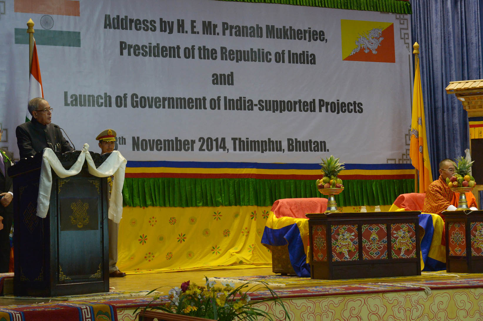 The President of India, Shi Pranab Mukherjee addressing on Indo-Bhutan Relations and launching Double-Laning of East West Highway at Thimphu in Bhutan on November 8, 2014. 